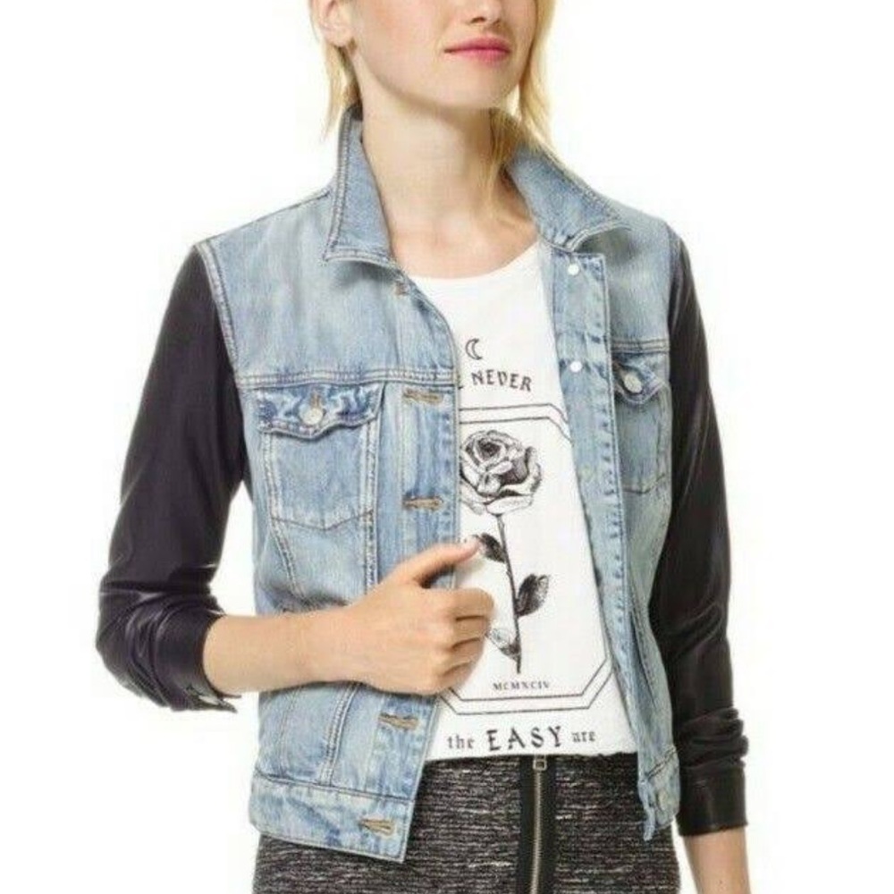 NWOT Aritzia Talula Harlem denim jacket with leather sleeves